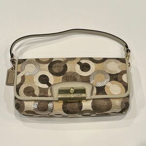 Coach Beige and Brown Circle Pattern Sequined Shoulder Bag